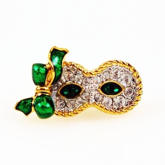Swarovski Crystal Brooch Mask Tac Pin green,Swan stamped 1/2 x 1 inch - Picture 1 of 12